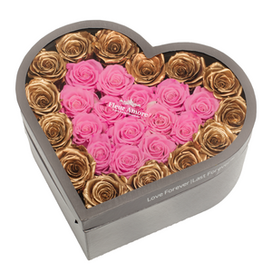 GOLD & PINK PRESERVED ROSES | LARGE HEART CLASSIC GREY BOX