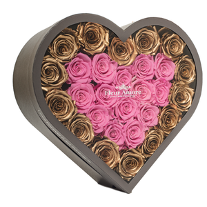 GOLD & PINK PRESERVED ROSES | LARGE HEART CLASSIC GREY BOX