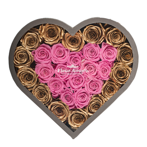 GOLD & PINK PRESERVED ROSES | LARGE HEART CLASSIC GREY BOX