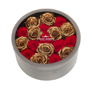 GOLD & RED PRESERVED ROSES | MEDIUM ROUND CLASSIC GREY BOX