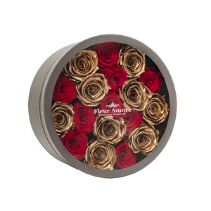 GOLD & RED PRESERVED ROSES | MEDIUM ROUND CLASSIC GREY BOX