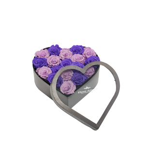 PURPLE & LIGHT PURPLE PRESERVED ROSES | MEDIUM HEART CLASSIC GREY BOX