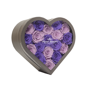 PURPLE & LIGHT PURPLE PRESERVED ROSES | MEDIUM HEART CLASSIC GREY BOX