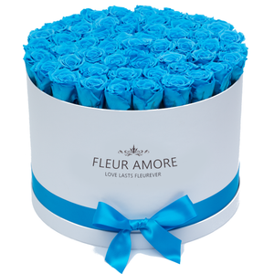 Blue Preserved Roses | Large Round White Huggy Rose Box