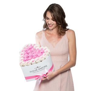 Special Pink and White Preserved Roses | Heart White Huggy Rose Box