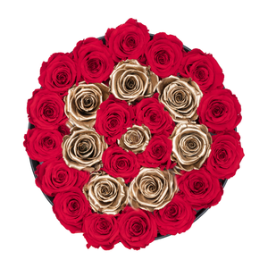 Red &Gold Circle Preserved Roses | Medium Round Black Huggy Rose Box