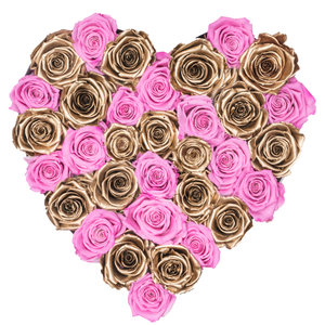 Pink and Gold Preserved Roses | Heart White Huggy Rose Box