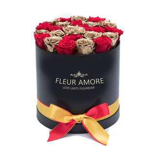 Red & Gold Mix Preserved Roses | Medium Round Black Huggy Rose Box