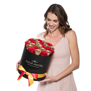 Red & Gold Mix Preserved Roses | Medium Round Black Huggy Rose Box