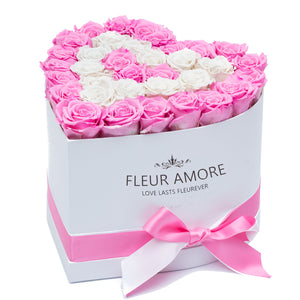 PINK AND WHITE PRESERVED ROSES | HEART WHITE HUGGY ROSE BOX