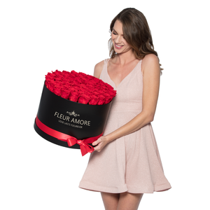 Red & Gold Preserved Roses | Large Round Black Huggy Rose Box