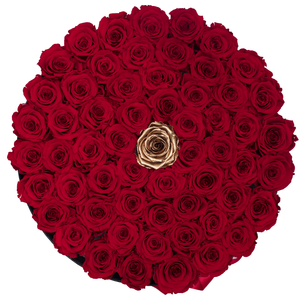 Red & Gold Preserved Roses | Large Round Black Huggy Rose Box