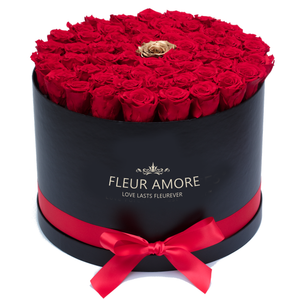 Red & Gold Preserved Roses | Large Round Black Huggy Rose Box