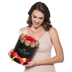 Gold & Red Preserved Roses | Small Round Black Huggy Rose Box