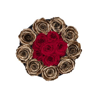 Gold & Red Preserved Roses | Small Round Black Huggy Rose Box