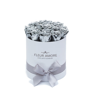 Silver Preserved Roses | Small Round White Huggy Rose Box