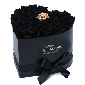 Black with One Gold Preserved Roses | Heart Black Luxury Rose Box